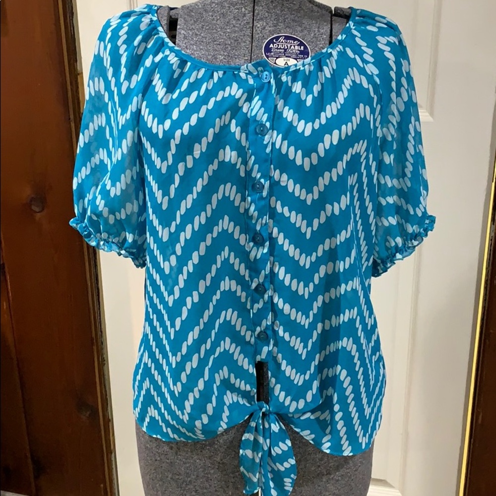 Sheer button down blouse with tie front bottom.